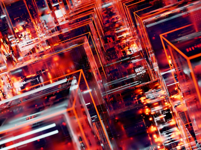 Abstrakcyjna sieć blockchain z neonowymi węzłami na ciemnym tle