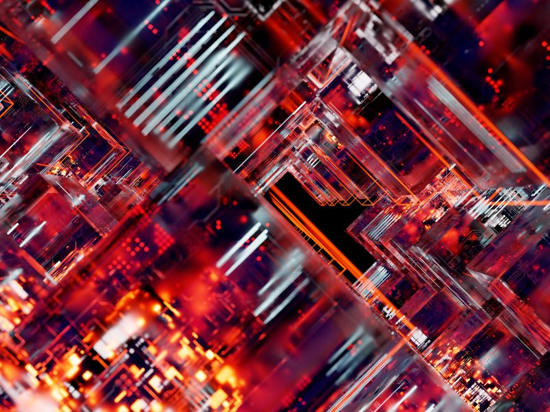 Abstrakcyjna sieć blockchain z połączonymi węzłami, ciemne tło z niebieskimi neonowymi połączeniami